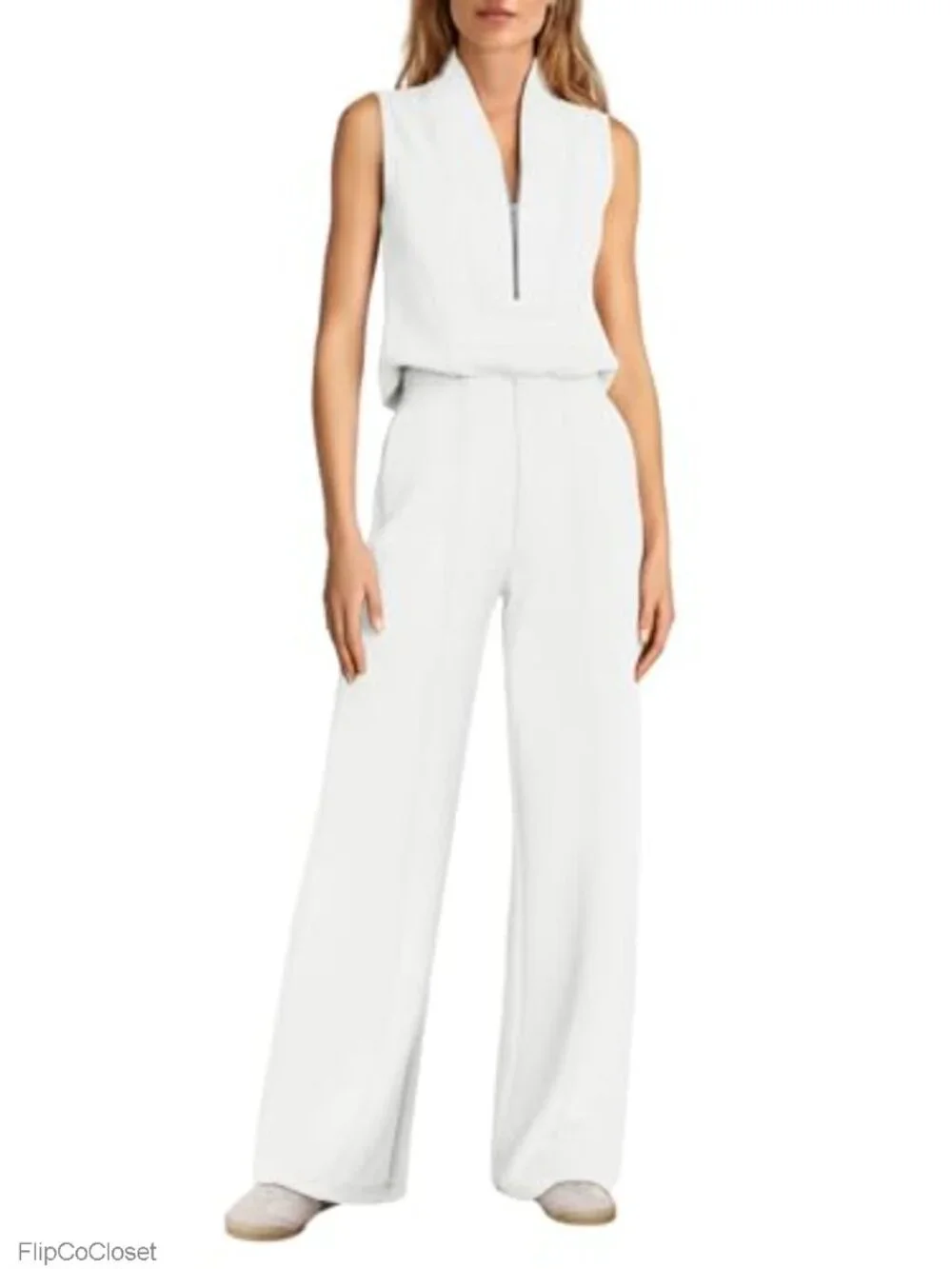 Wide Leg Jumpsuit V-Neck Sleeveless Formal Dressy One Piece